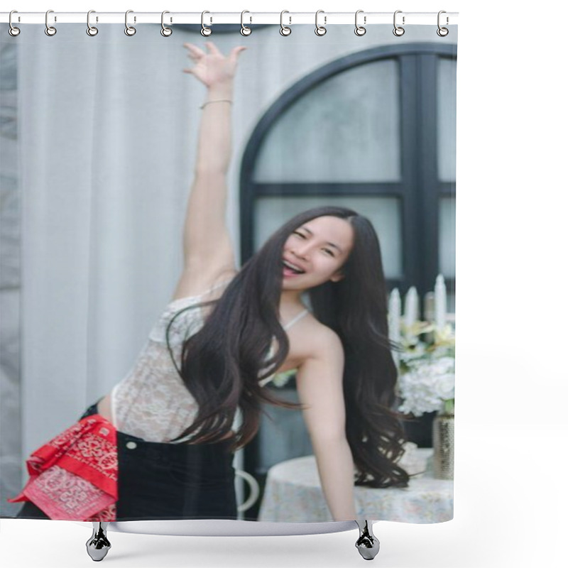 Personality  A Joyful Woman With Long Hair Dances In An Indoor Setting, Expressing Happiness And Carefree Spirit. The Vibrant Atmosphere Is Enhanced By Stylish Decor And A Cheerful Ambiance. Shower Curtains