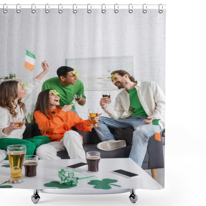 Personality  Amazed Woman Pointing At Bearded Friend With Sticky Note On Forehead While Playing Guess Who Game On Saint Patrick Day Shower Curtains