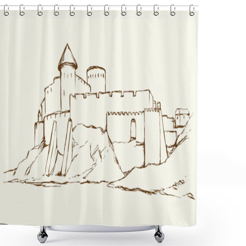 Personality  Ancient City On Rock. Vector Drawing Shower Curtains