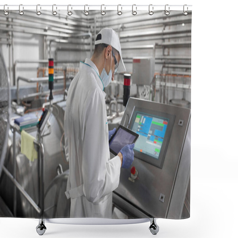 Personality  Technologist Stands With A Tablet Near The Digital Screen At The Dairy Plant Shower Curtains