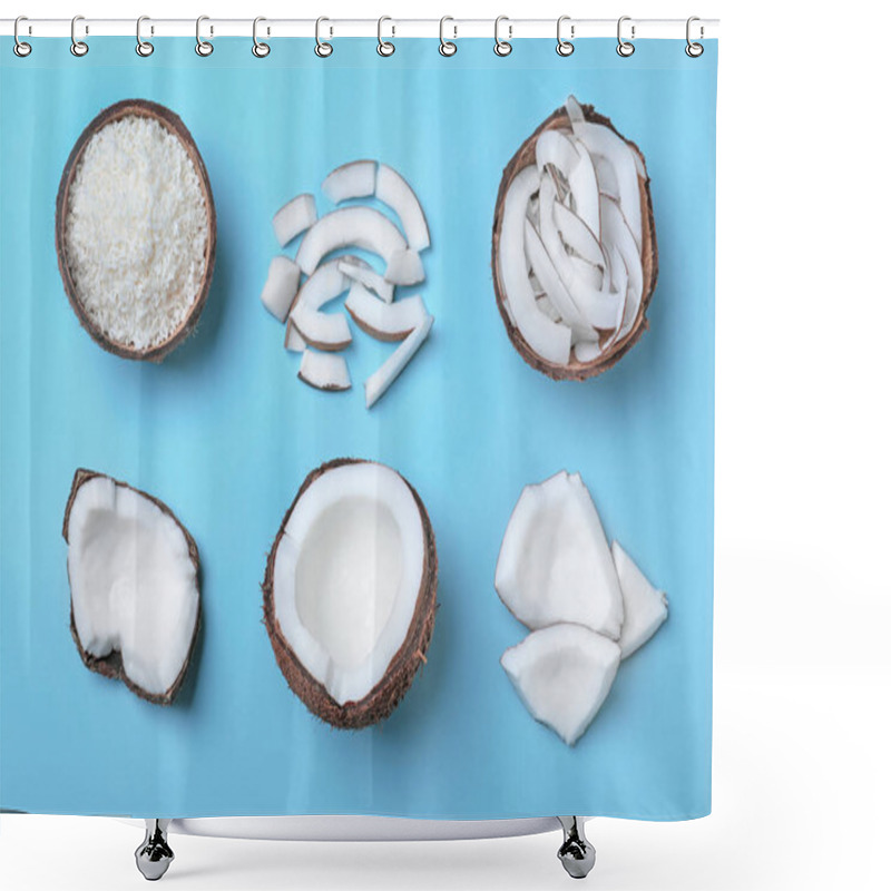 Personality  Flat Lay Composition With Fresh Coconut Flakes On Light Blue Background Shower Curtains