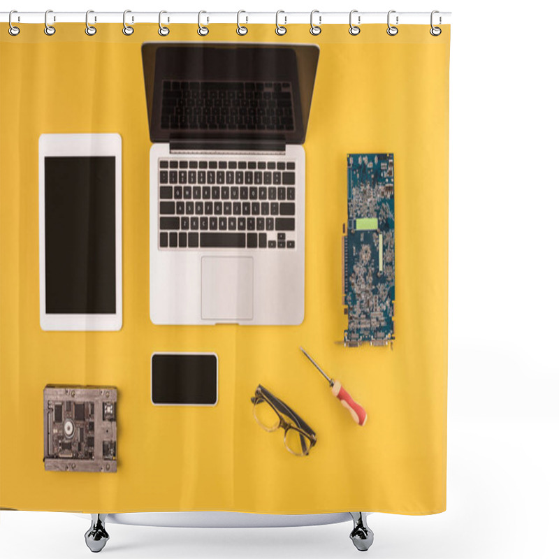 Personality  Top View Of Digital Devices With Black Screens And Motherboard And Hardware On Yellow Shower Curtains