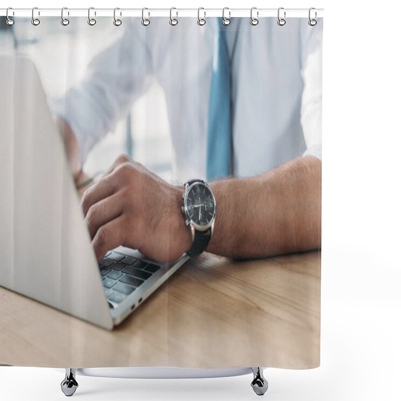 Personality  Cropped Shot Of Businessman Using Laptop At Workplace Shower Curtains