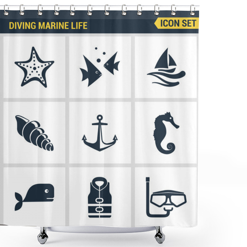 Personality  Icons Set Premium Quality Of Diving Marine Life Activity Sea Tropical Summer Diver Equipment. Modern Pictogram Collection Flat Design Style Symbol Collection. Isolated White Background. Shower Curtains