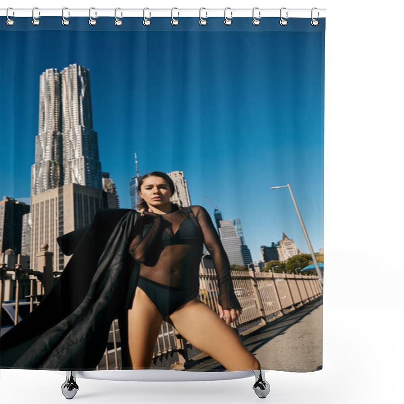 Personality  Young Woman In Black Outfit Dancing In NYC With Skyscraper In Background. Shower Curtains