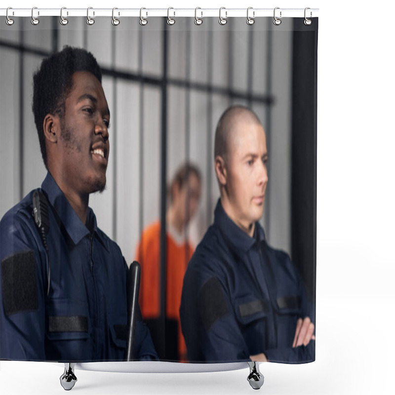 Personality  Prison Guards Smile As They Stand With Batons Near Cells With Dangerous Criminals. Multi-racial Portrait. Shower Curtains