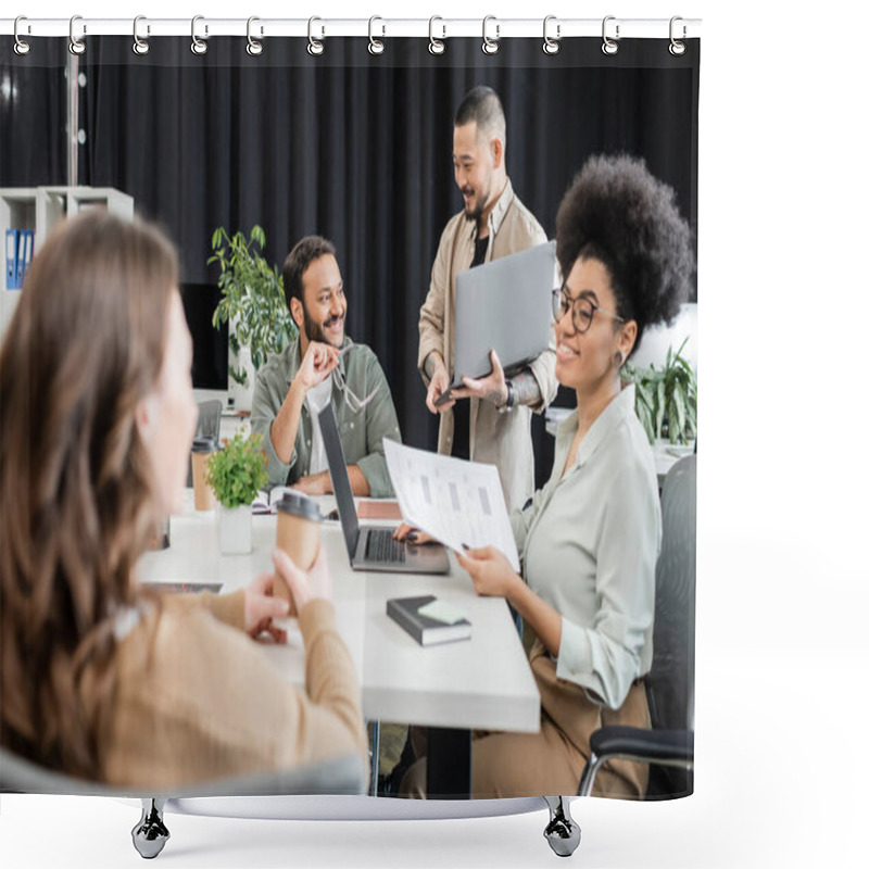 Personality  Happy African American Team Lead Holding Documents And Discussing Project With Female Colleague Shower Curtains