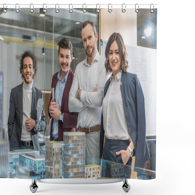 Personality  Group Of Happy Architects Standing Next To Building Models At Office Shower Curtains