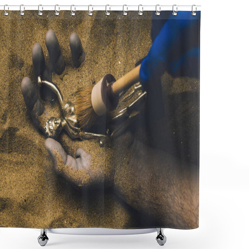 Personality  Forensic Expert Discovering Dead Body Buried In Desert Sand With Justice Statue In Hand. Conceptual Image For Police Investigation Of An Cold Case Murder Crime Scene. Shower Curtains