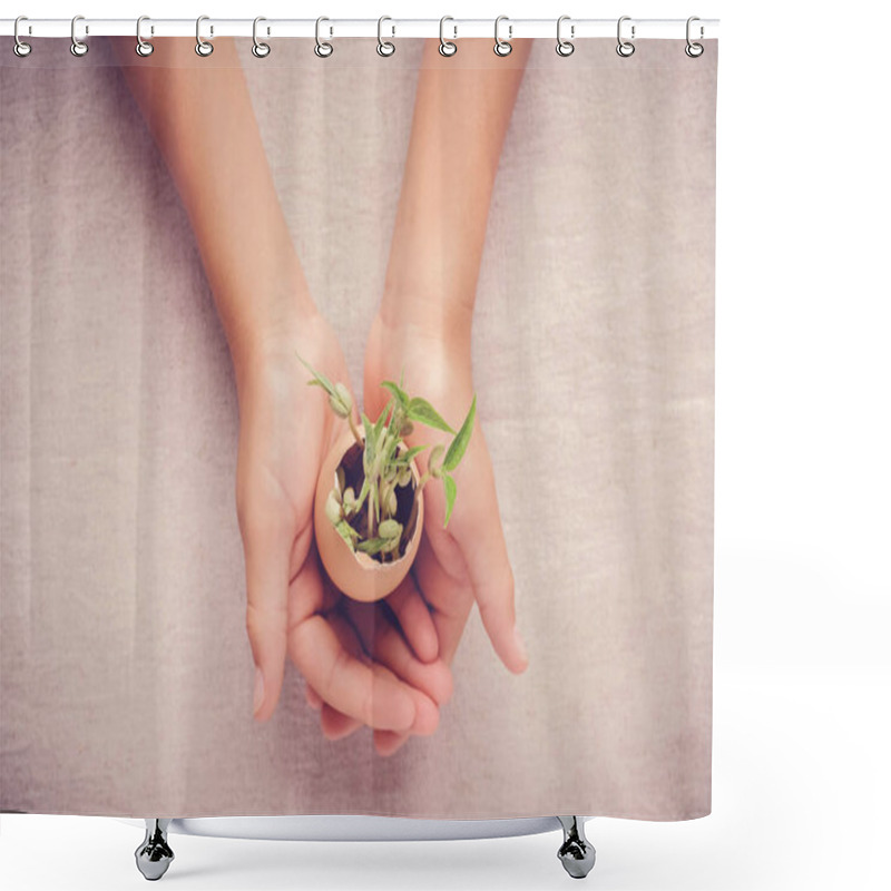 Personality  Hands Holding Seedling Plants In Eggshells, Eco Gardening Shower Curtains