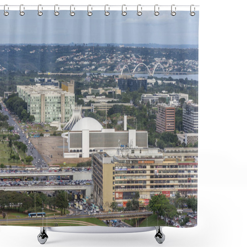 Personality  National Library, National Museum And The Metropolitan Cathedral Modernistic Buildings In Central Brasilia, Federal District, Capital City Of Brazil Shower Curtains