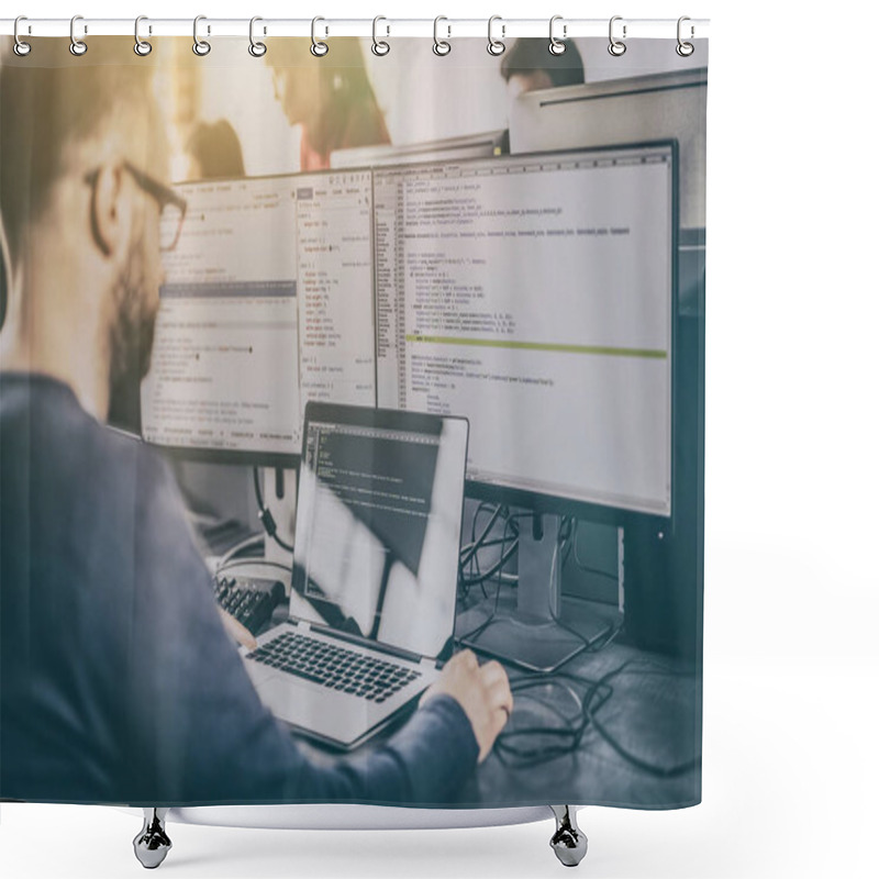 Personality  Programmer Working On Software In Company Office. Shower Curtains