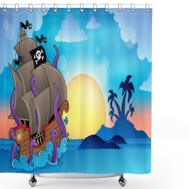 Personality  Pirate Ship Near Small Island 2 Shower Curtains