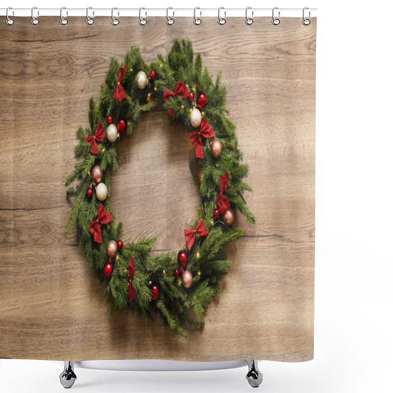 Personality  Beautiful Christmas Wreath With Festive Decor On Wooden Background, Top View Shower Curtains