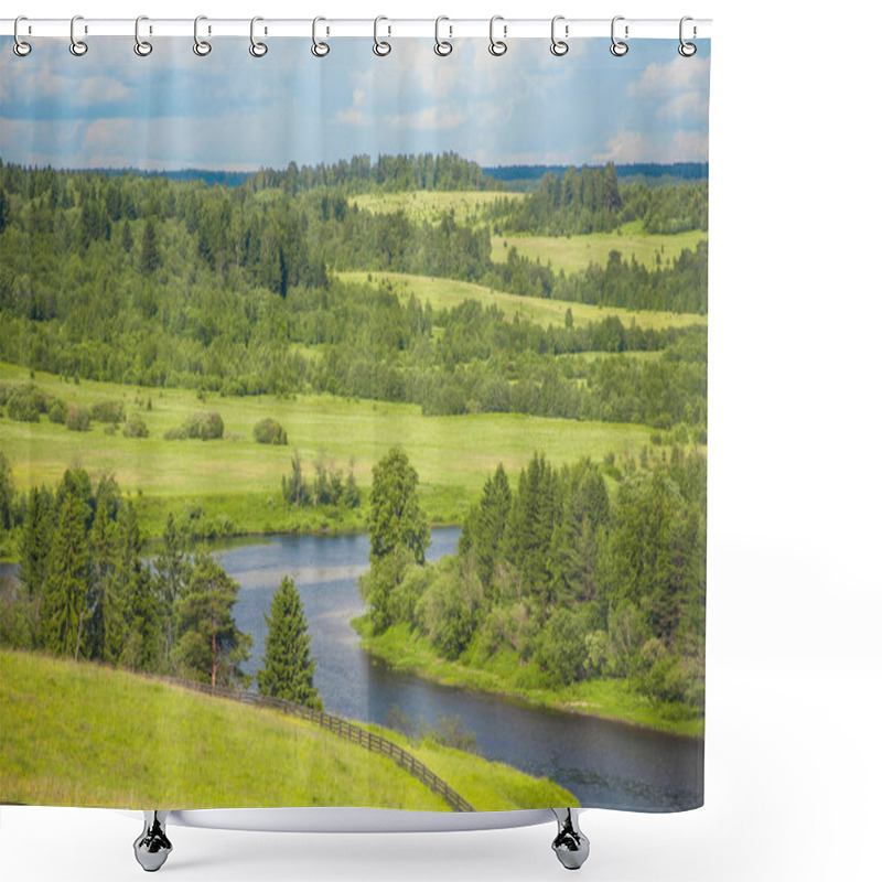 Personality  Beautiful Landscape River Delta With Meadows And Forest On A Sunny Day Shower Curtains