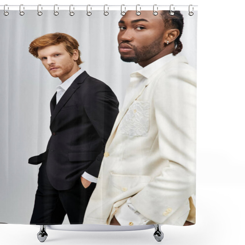 Personality  Two Multicultural Men In Stylish Suits Standing Next To Each Other. Shower Curtains