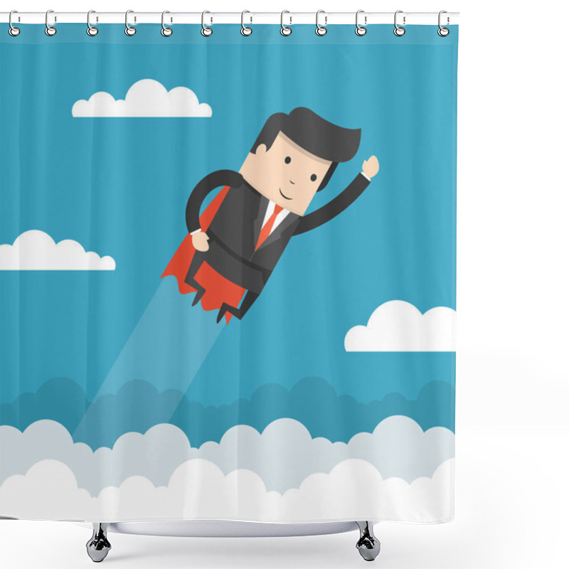 Personality  Super Businessman Character In Cape Flying On Bright Background With Copy Space Shower Curtains