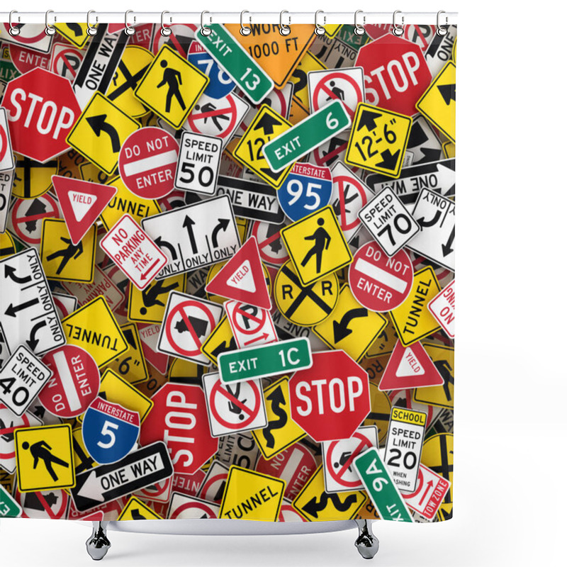 Personality  Extra Large 3D Illustration Of North American Road Signs Like Stop Signs, Speed Limit Signs And Warning Signs. Shower Curtains