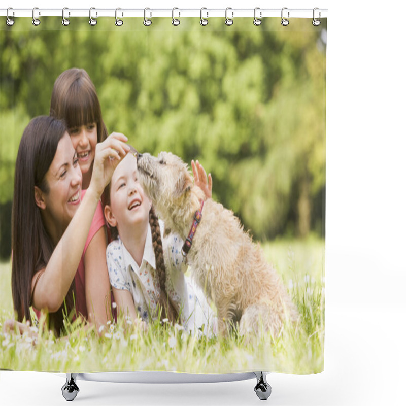 Personality  Mother And Daughters In Park With Dog Smiling Shower Curtains