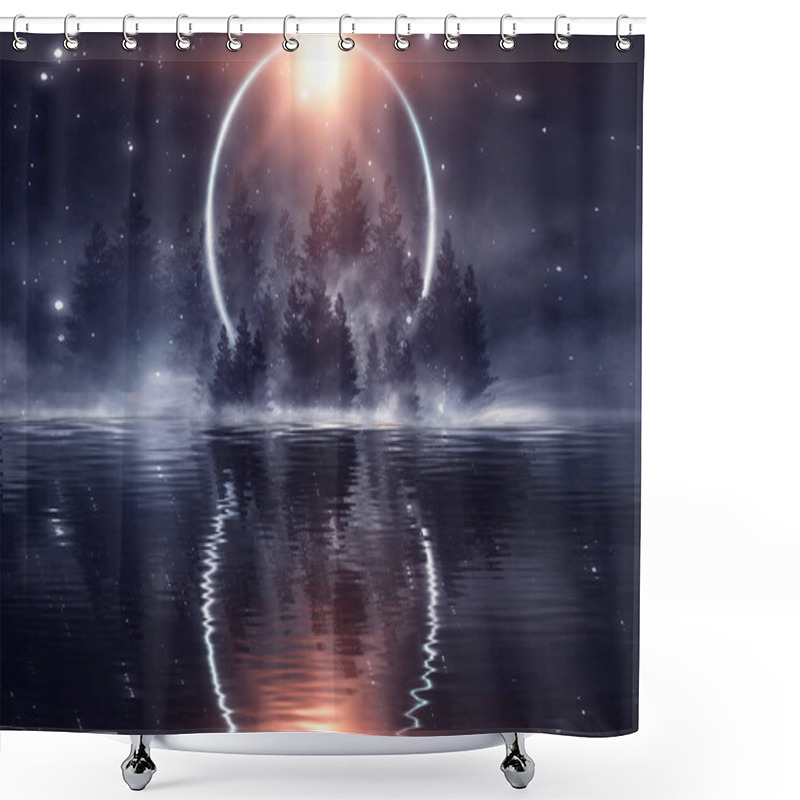 Personality  Dark Cold Futuristic Forest. Dramatic Sccna With Trees, Big Moon, Moonlight. Smoke, Shadow, Smog, Snow. Night Forest Landscape Reflection In The River, Sea, Ocean. Shower Curtains