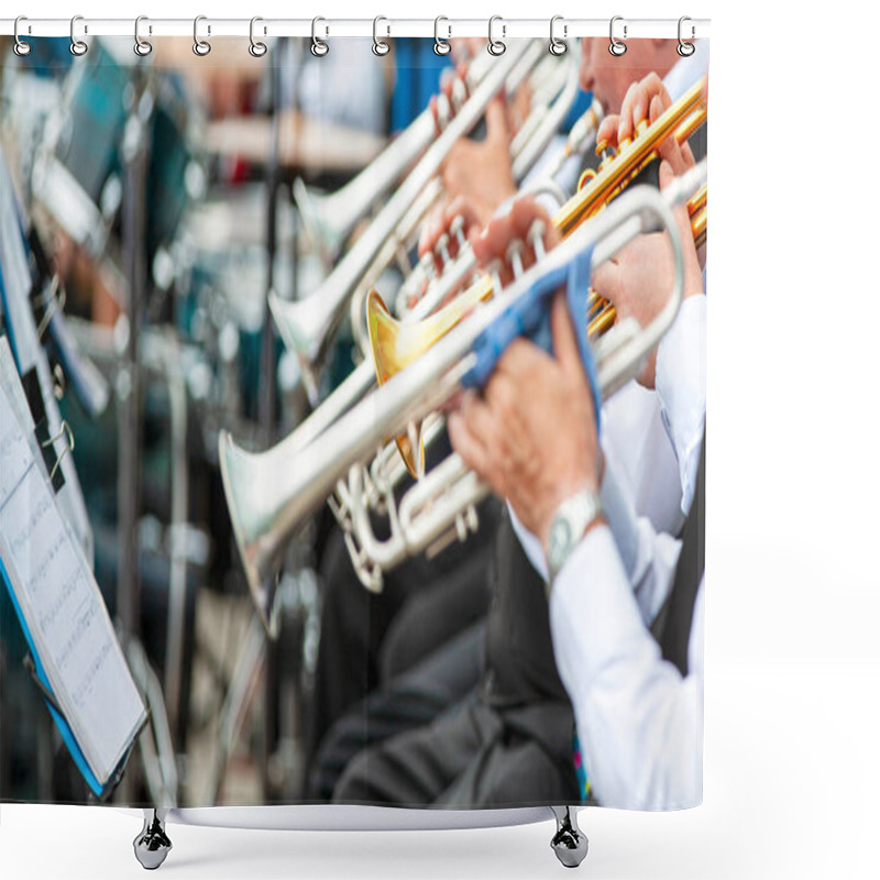 Personality  Selective Focus.  Musicians Playing In Outerwear On The Street Shower Curtains