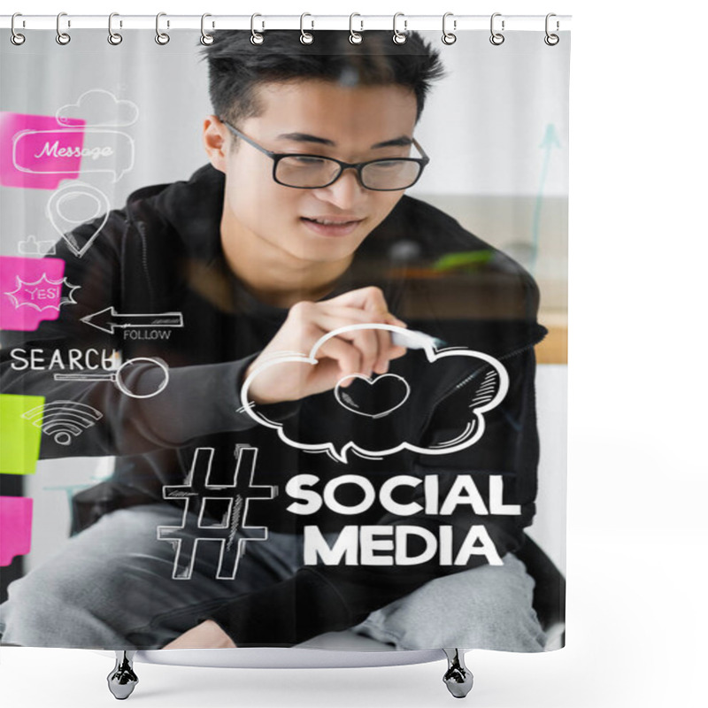 Personality  Asian Seo Manager Writing On Glass With Illustration Of Social Media Lettering  Shower Curtains