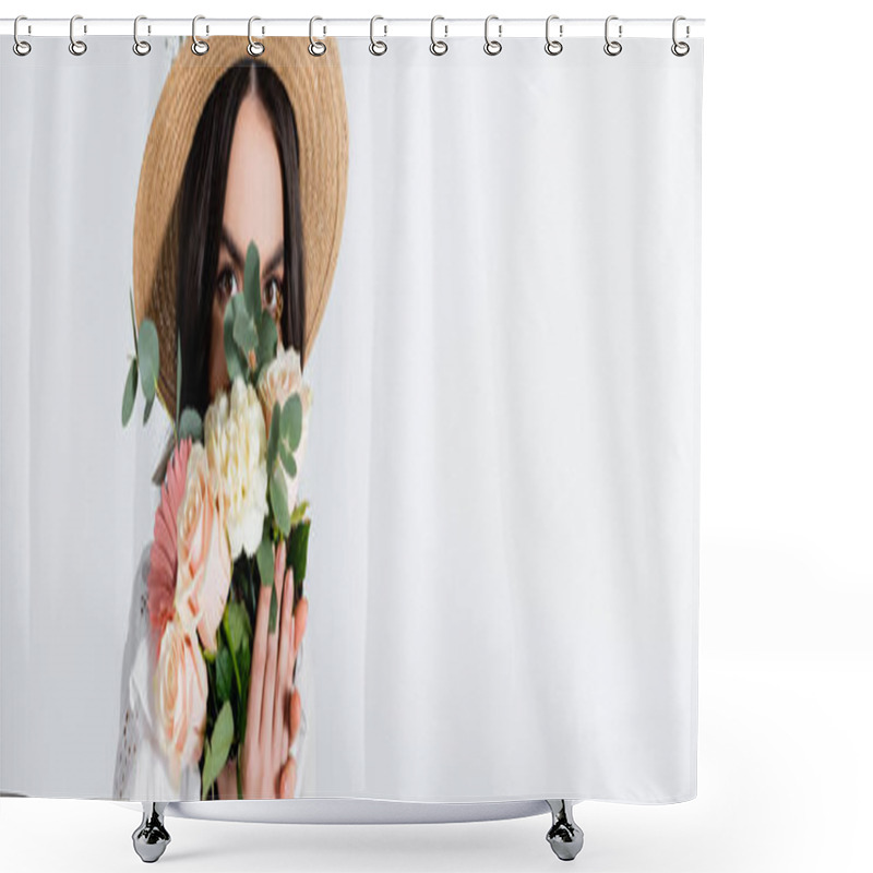 Personality  Young Woman In Straw Hat Covering Face With Bouquet Of Spring Flowers Isolated On White, Banner Shower Curtains