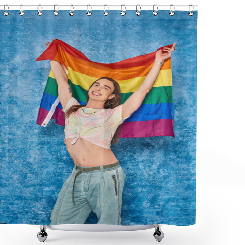 Personality  Cheerful Long Haired And Tattooed Homosexual Man Raising Lgbt Flag During Pride Community Month Celebration On Textured  Mottled Blue Background Shower Curtains