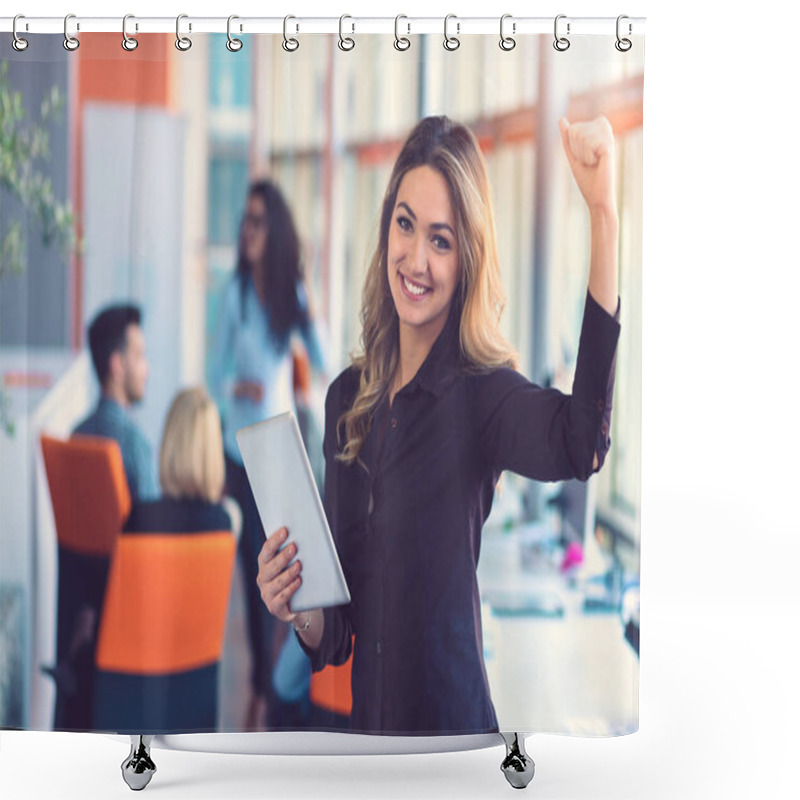 Personality  Portrait Of Happy Businesswoman Holding Digital Tablet In Office Standing In Front Of Colleagues Discussing At Background Shower Curtains