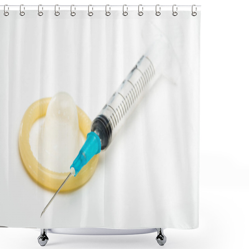 Personality  Medical Syringe And A Condom Shower Curtains