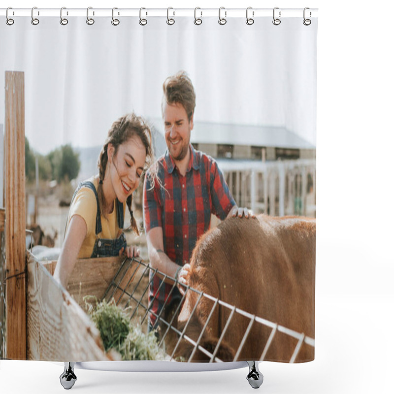 Personality  Happy Couple Feeding Cow Shower Curtains