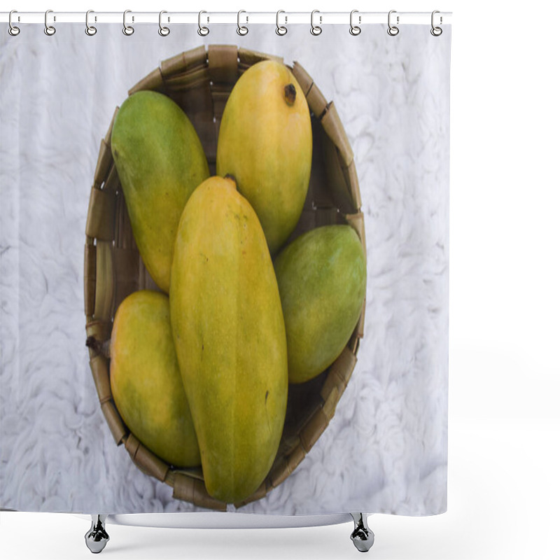 Personality  Fresh Kesar Mango Variety From India, Grown In Gir Gujarat Also In Maharastra.. Aromatic Flavour Organic Mangoes. Summer Season Special Fruit Mangoe Is Known As King Of Fruits. Mangos In Basket Shower Curtains