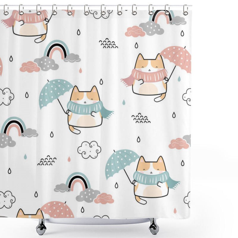 Personality  Funny Kawaii Cute Cat With Umbrella Fly In The Sky Seamless Pattern. Childish Cartoon Animals Background. Vector Illustration Shower Curtains