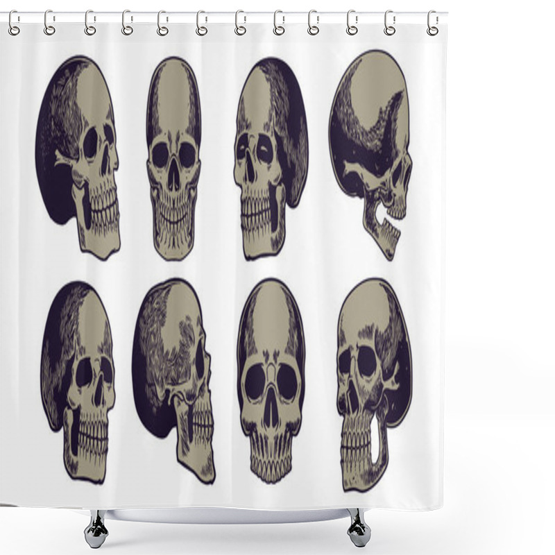 Personality  Set Of Hand Drawn Elements, Eight Human Skulls With Lower Jaws Drawn In Minimalist And Vintage Style. Biology Education. Isolated Image On A White Background. Shower Curtains