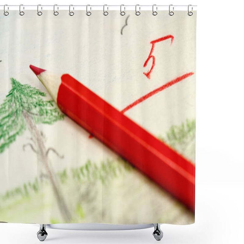 Personality  Red Pencil On The Background Of Children's Drawings With The Teacher's Assessment Shower Curtains