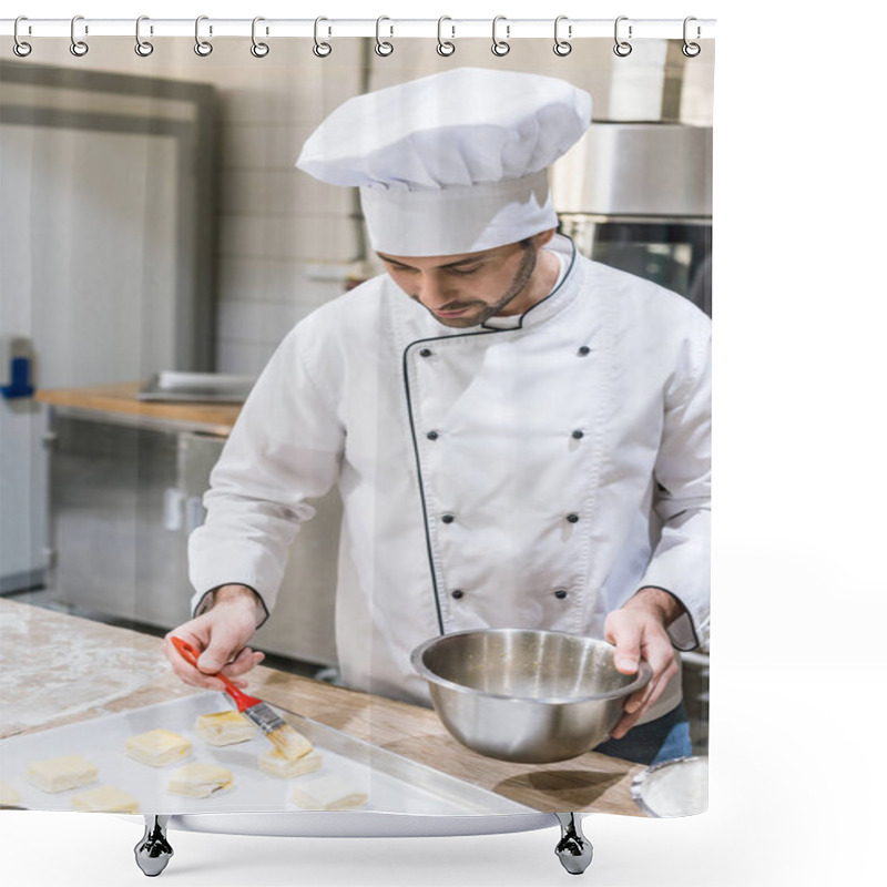 Personality  Male Baker Oiling Dough Pieces With Basting Brush At Kitchen Shower Curtains