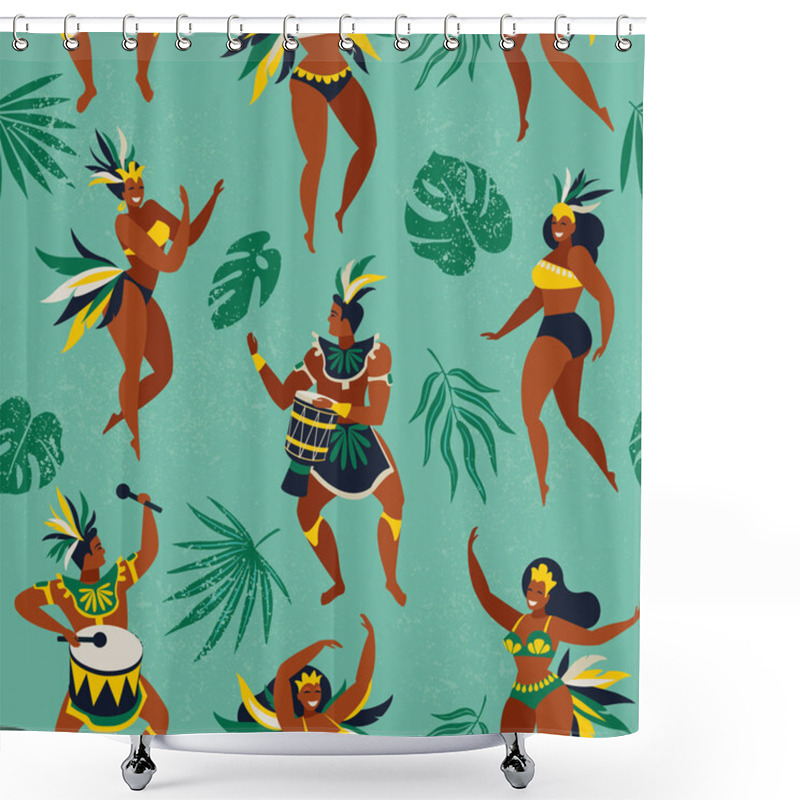 Personality  Brazil Carnival. Vector Seamless Pattern With Flat Characters. Brazilian Samba Dancers Of The Carnival In Rio De Janeiro. Girls And Boys In Festive Suits. Vector Illustration. Shower Curtains