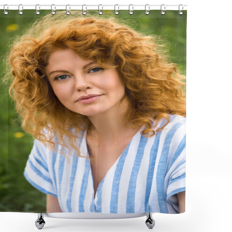 Personality  Portrait Of Attractive Redhead Woman Looking At Camera Outdoors Shower Curtains