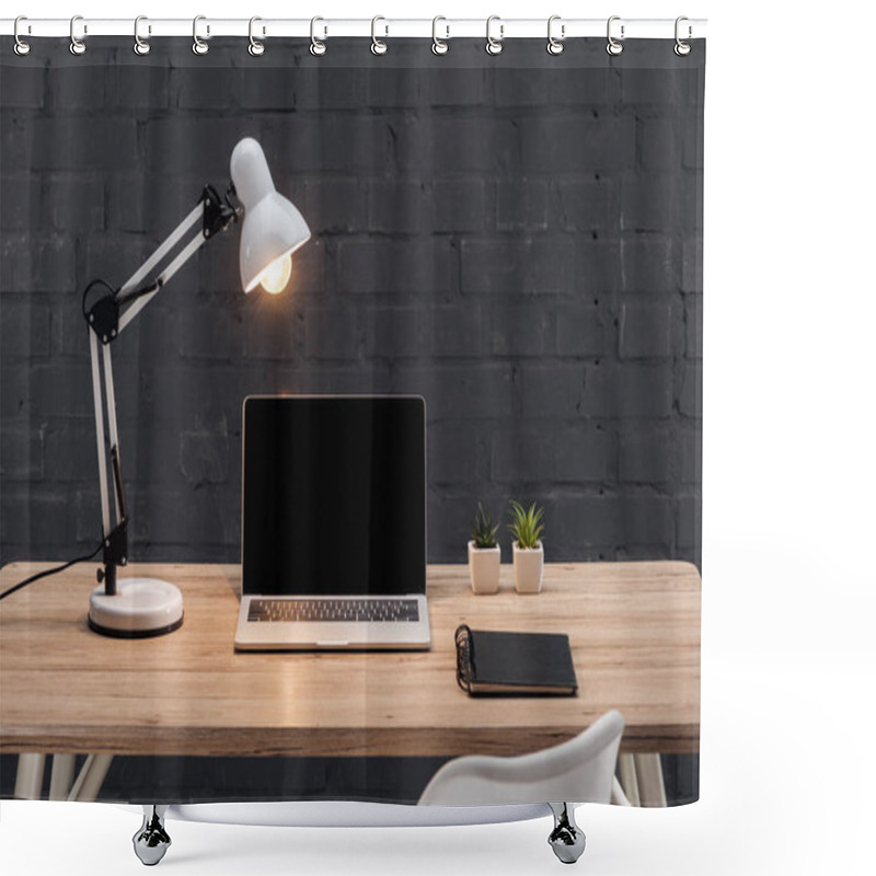 Personality  Modern Workplace With Laptop With Blank Screen, Plants, Bright Lamp And Notebook On Wooden Table Near Black Brick Wall Shower Curtains