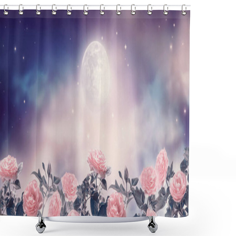 Personality  Fairytale Fantasy Photo Background Of Magical Deep Blue Dark Night Sky With Shining Stars, Glowing Full Moon And Beautiful Fairy Pink Rose Flower Garden. Idyllic Tranquil Fabulous Panoramic Scene. Shower Curtains