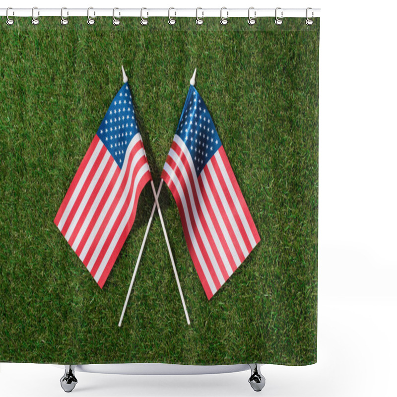 Personality  Top View Of Arranged American Flagpoles On Green Grass, 4th July Holiday Concept Shower Curtains