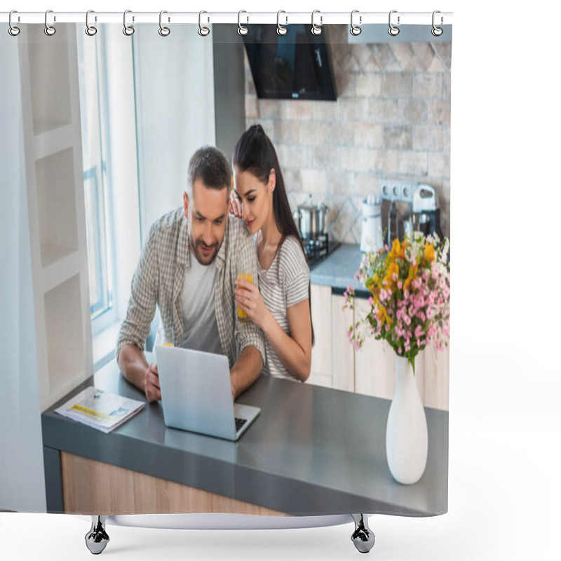 Personality  Portrait Of Married Couple Using Laptop Together At Counter In Kitchen Shower Curtains