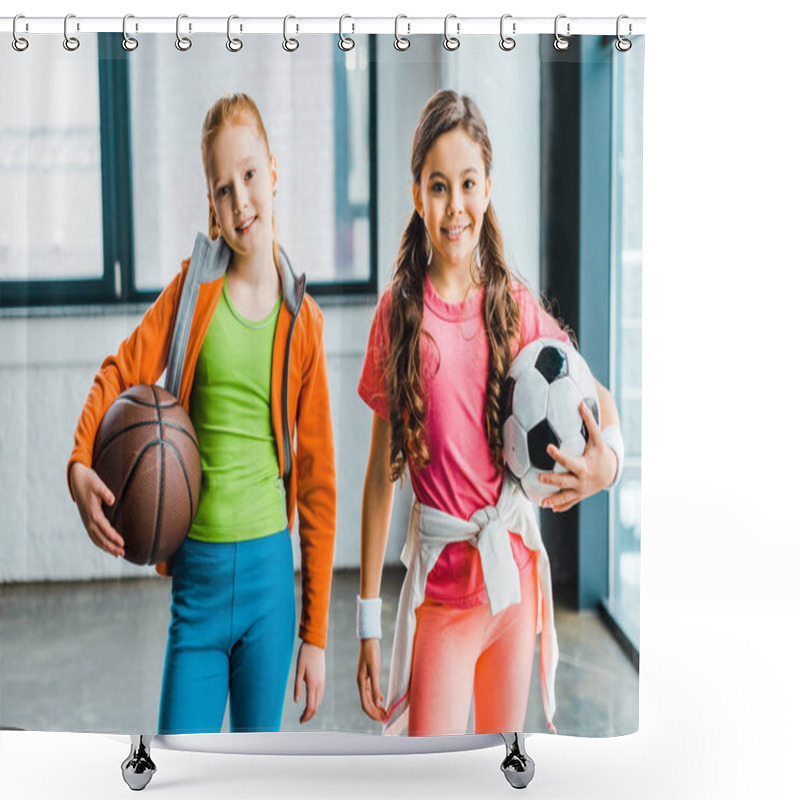 Personality  Smiling Children In Sportswear Holding Balls In Gym Shower Curtains