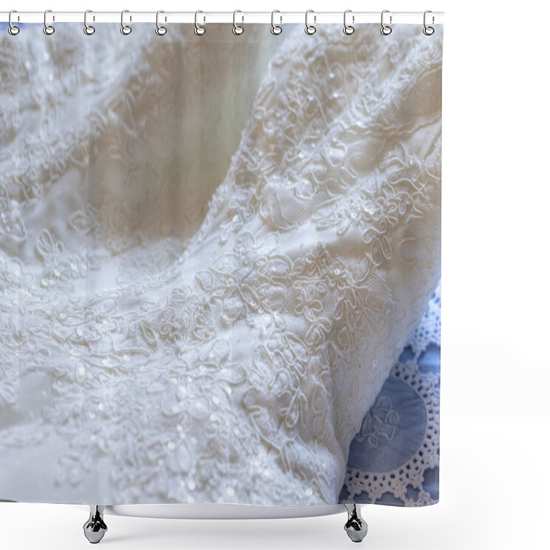 Personality  Close-up Of An Elaborate Lace Pattern On A Bridal Gown, Highlighting The Fine Craftsmanship And Elegance Of Wedding Attire Shower Curtains