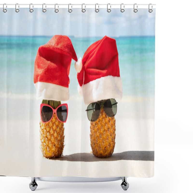 Personality  Close-up Of Santa Hats And Sunglasses Over The Two Pineapples On Sand At Beach Shower Curtains