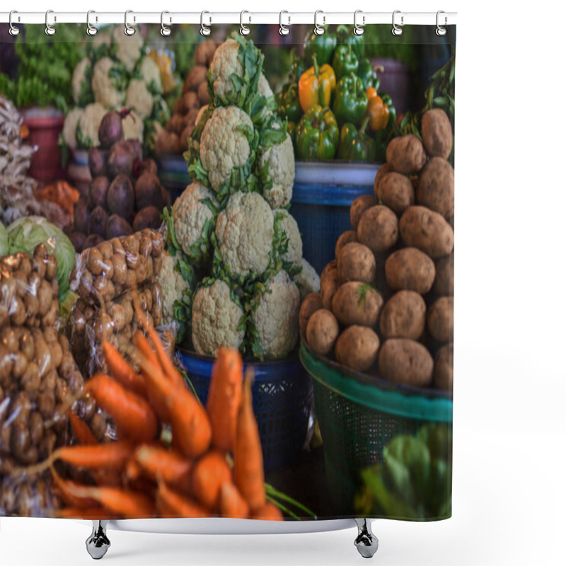 Personality  Assortment Fresh Organic Vegetables. Country Style Market. Concept Local Farmer Produce. Fruits And Vegetables At A Farmers Market. Eco Food. Baskets Full Of Locally Grown Vegetables At Local Market. Shower Curtains