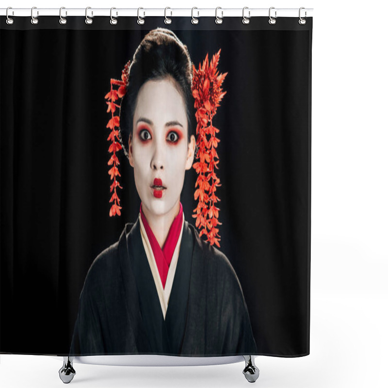 Personality  Shocked Beautiful Geisha In Black And Red Kimono And Flowers In Hair Isolated On Black Shower Curtains