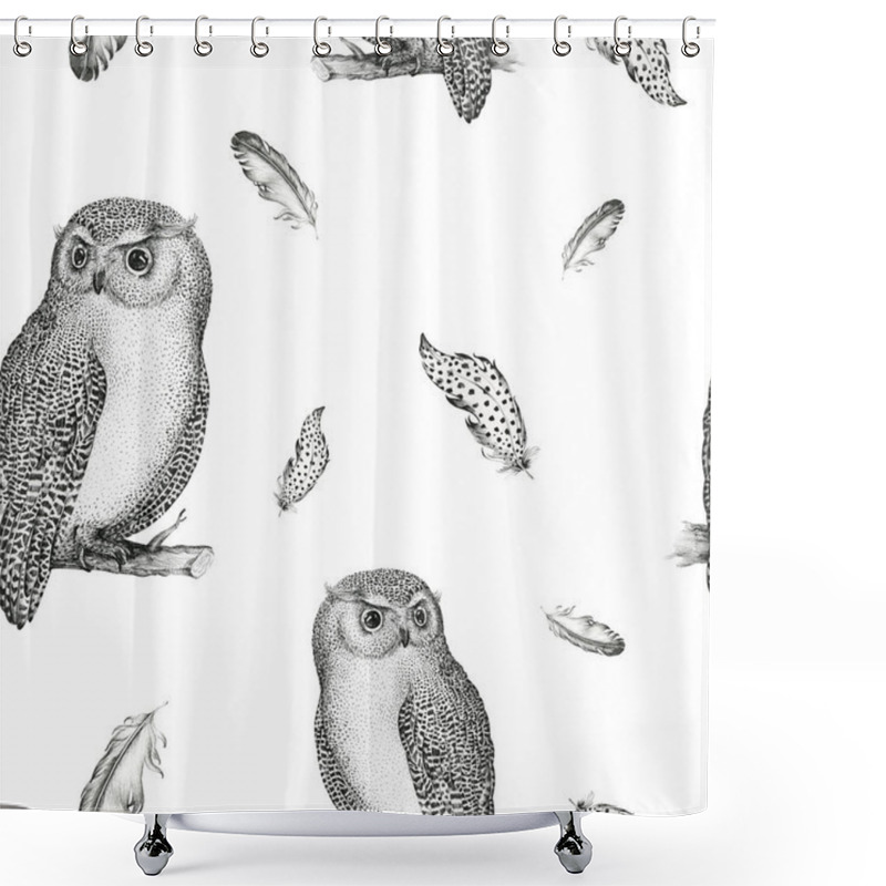 Personality  Hand Drawn Isolated  Black White Seamless Pattern Owl Fly Bird. Shower Curtains