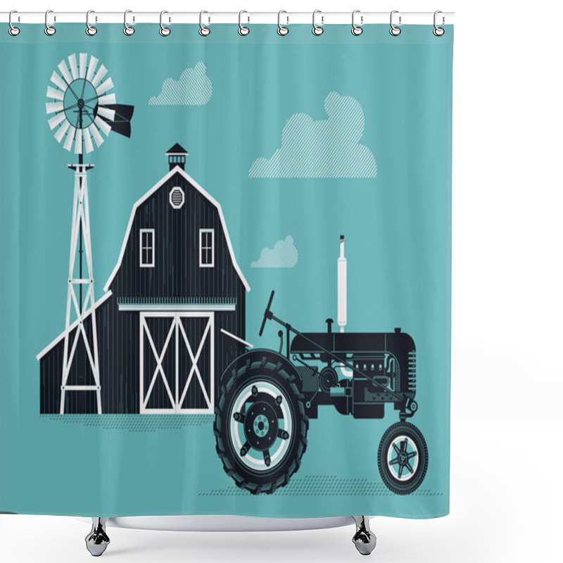 Personality  Farm Barn, Windmill And Tractor. Shower Curtains