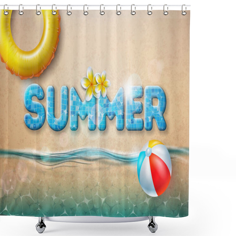 Personality  Vector Summer Illustration With Beach Ball And Float On Sandy Ocean Background. Summer Vacation Holiday Design For Banner, Flyer, Invitation, Brochure, Poster Or Greeting Card. Shower Curtains